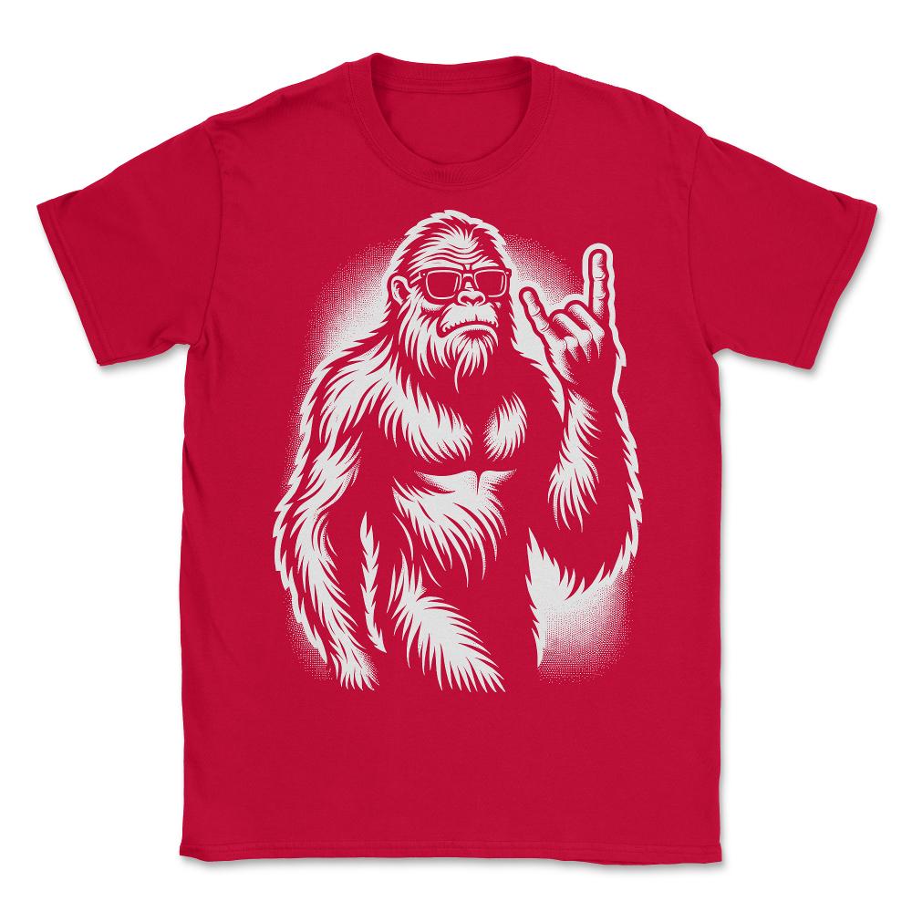 Bigfoot Sasquatch Rock and Roll Metal Horns - Unisex T-Shirt - Red
