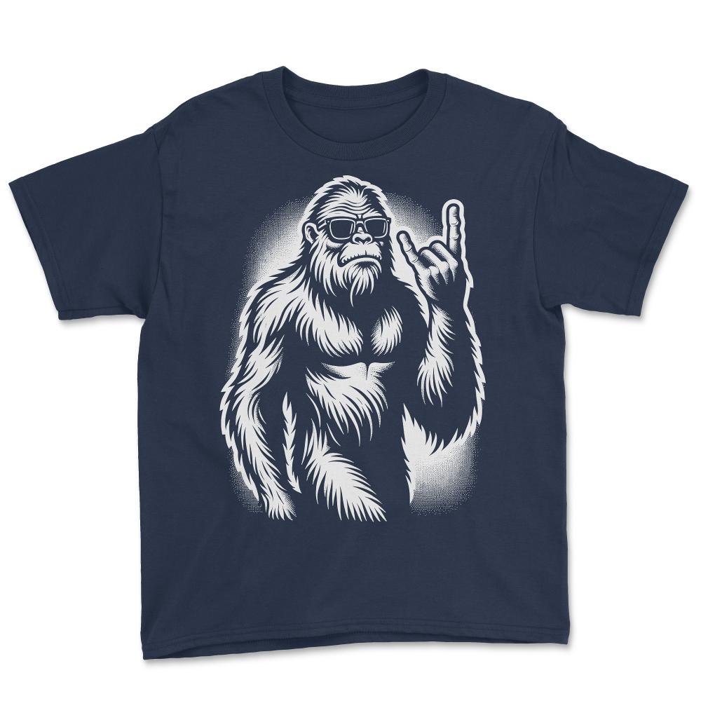 Bigfoot Sasquatch Rock and Roll Metal Horns - Youth Tee - Navy