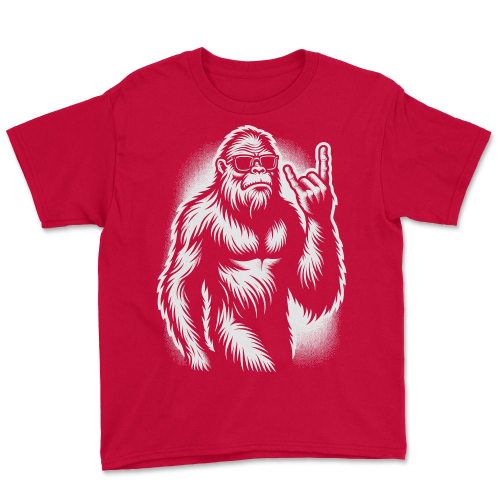 Bigfoot Sasquatch Rock and Roll Metal Horns - Youth Tee - Red