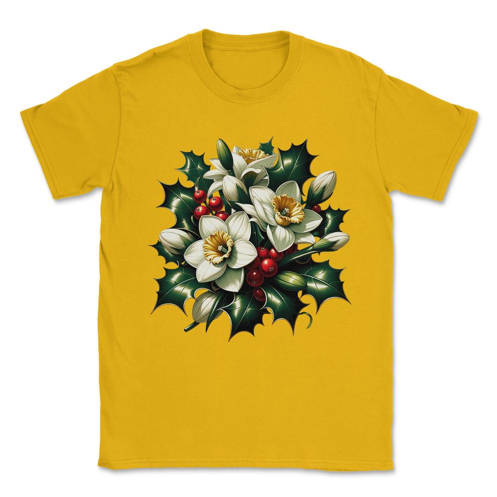 Holly and Narcissus December Birth Month Flowers Unisex T-Shirt - Gold