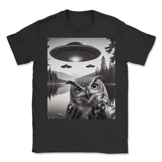 Funny Graphic Owl Selfie With UFOs Weird - Unisex T-Shirt - Black