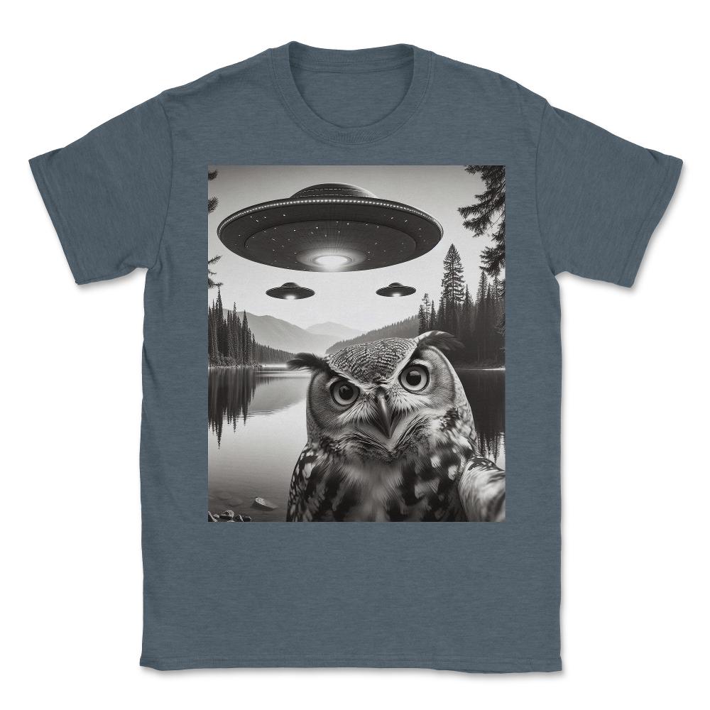 Funny Graphic Owl Selfie With UFOs Weird - Unisex T-Shirt - Dark Grey Heather