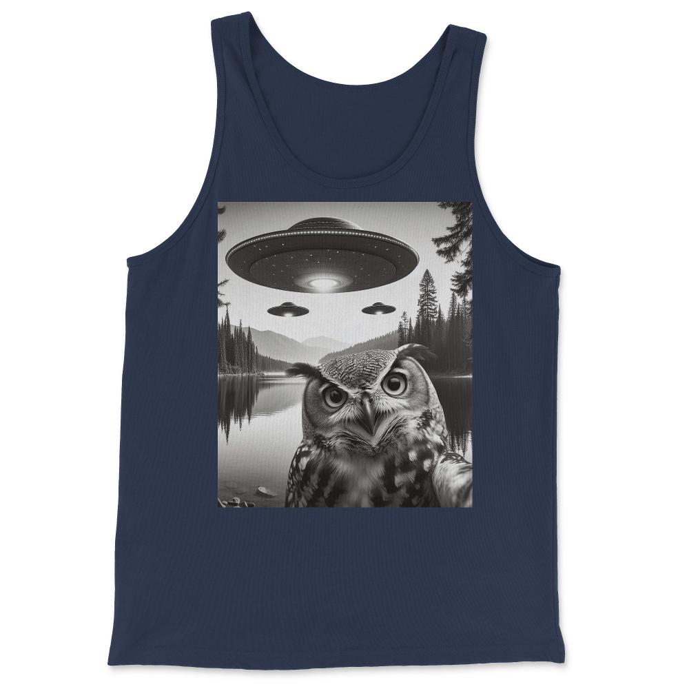Funny Graphic Owl Selfie With UFOs Weird - Tank Top - Navy