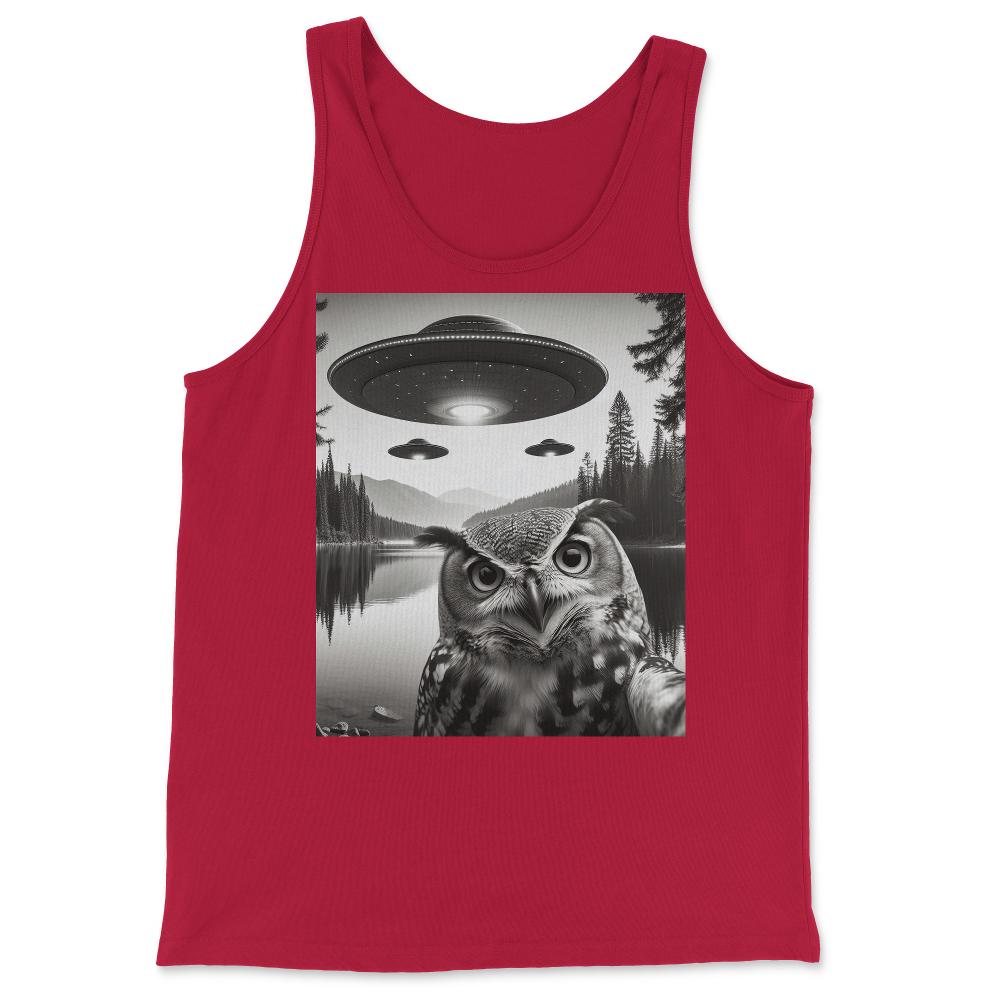Funny Graphic Owl Selfie With UFOs Weird - Tank Top - Red