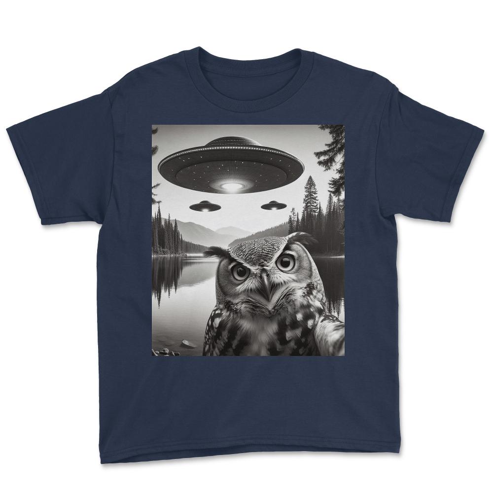 Funny Graphic Owl Selfie With UFOs Weird - Youth Tee - Navy