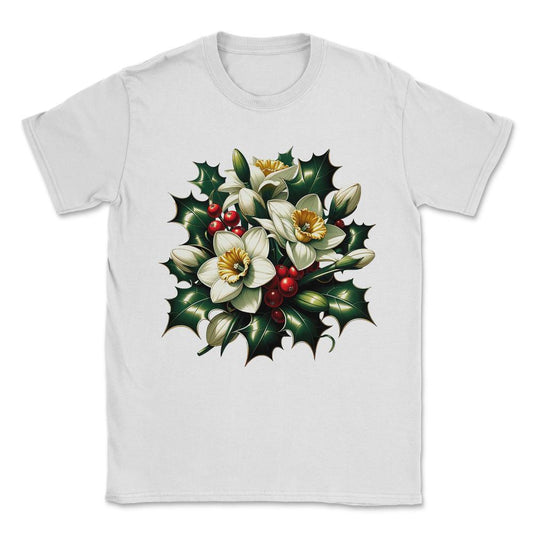 Holly and Narcissus December Birth Month Flowers Unisex T-Shirt - White