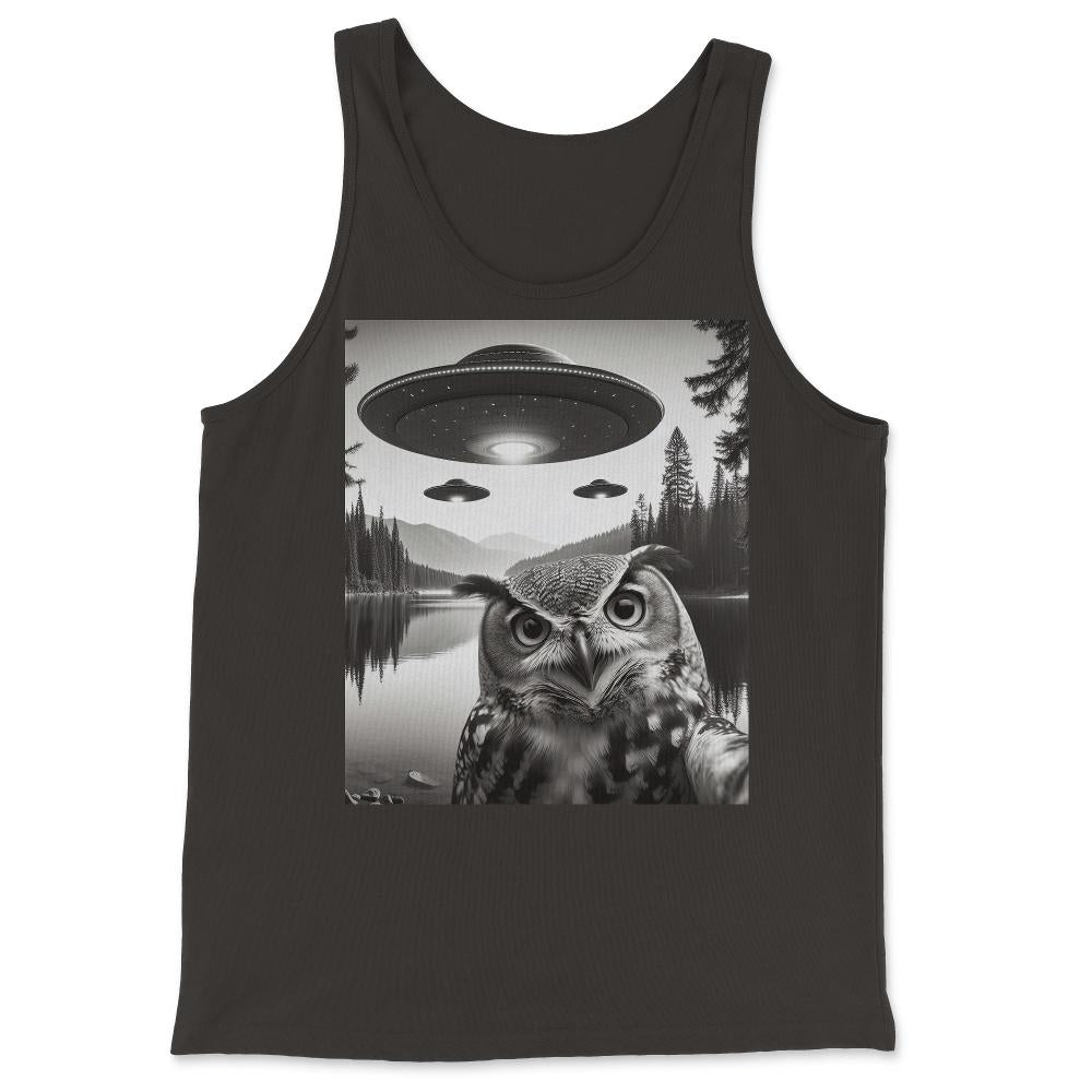 Funny Graphic Owl Selfie With UFOs Weird - Tank Top - Black