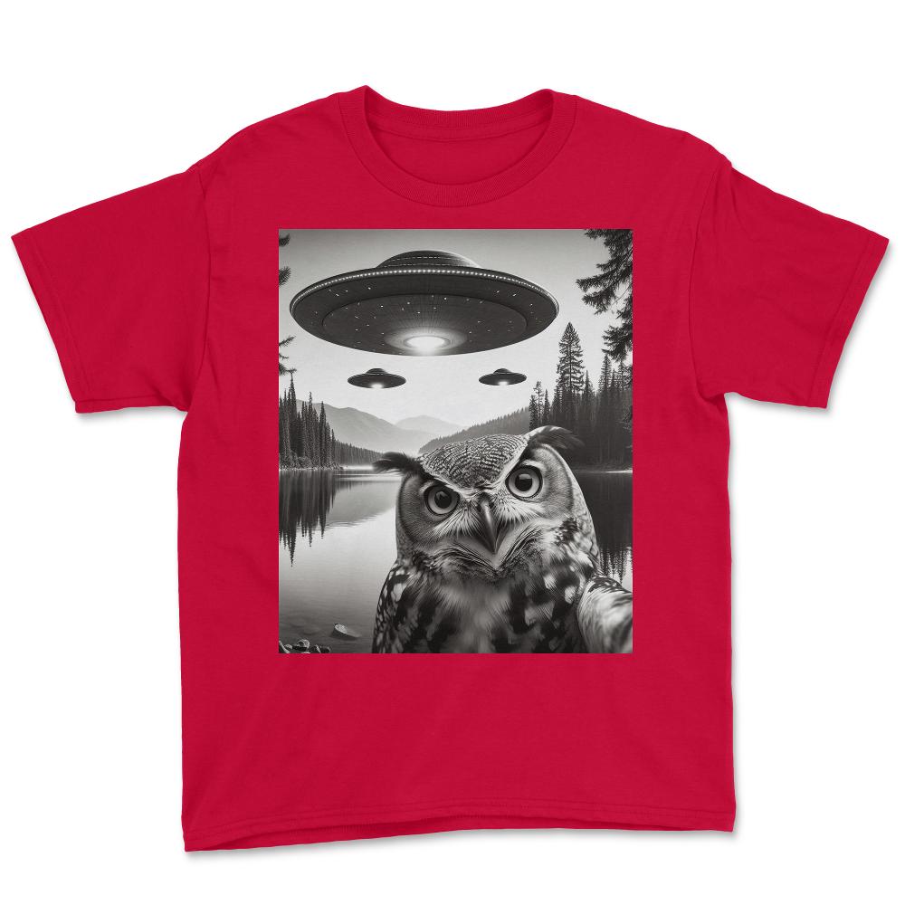 Funny Graphic Owl Selfie With UFOs Weird - Youth Tee - Red