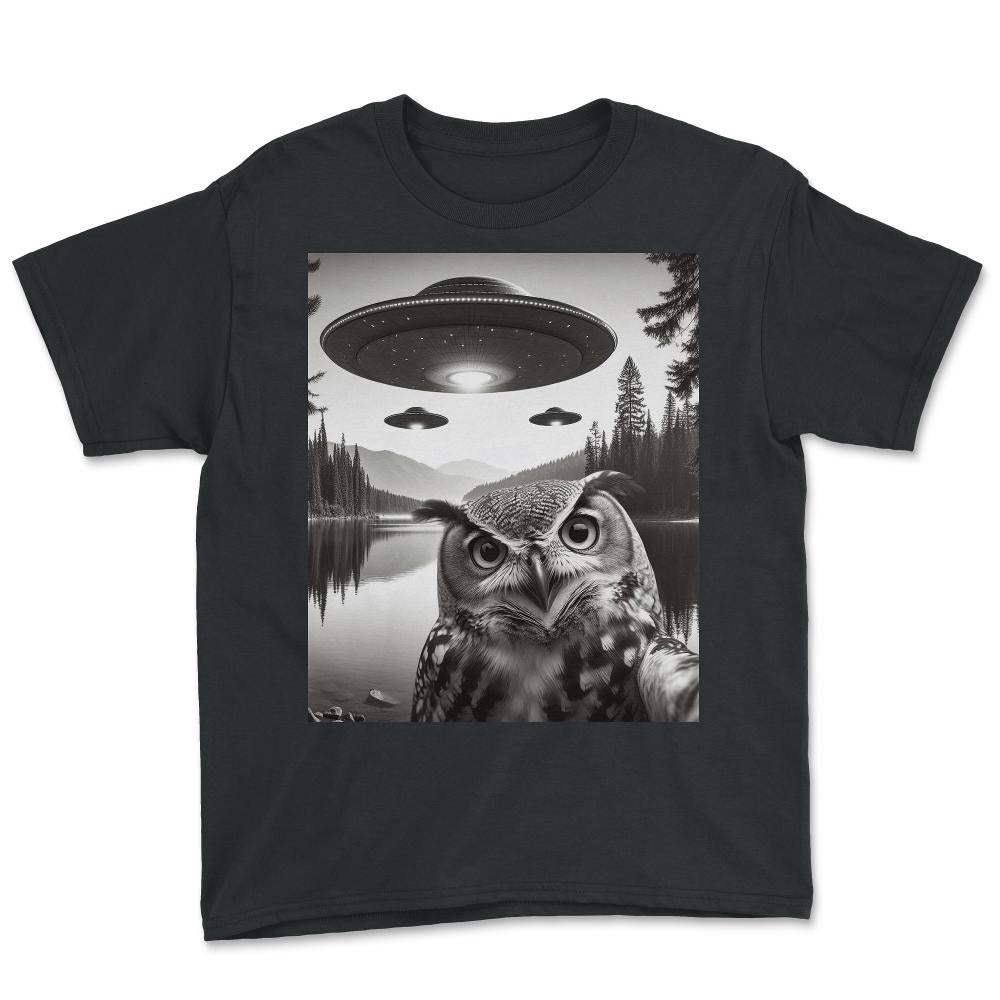 Funny Graphic Owl Selfie With UFOs Weird - Youth Tee - Black