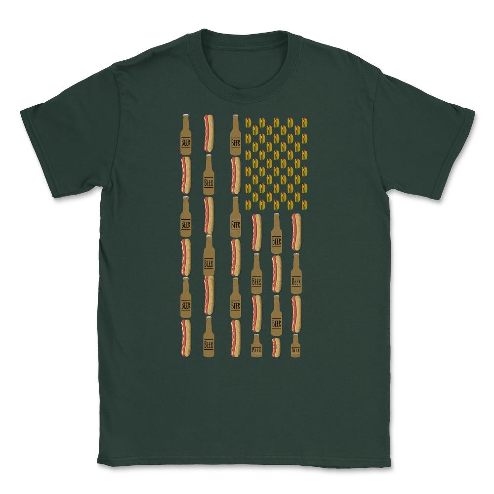 Hot Dogs Beer Flag 4th of July Unisex T-Shirt - Forest Green