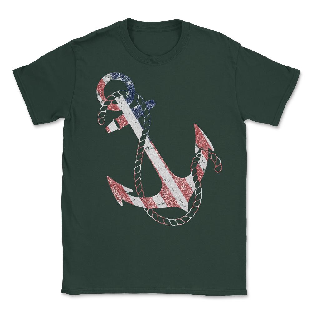 Patriotic American Flag Anchor Unisex T-Shirt - Forest Green