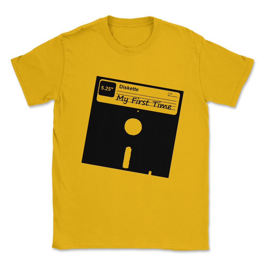 My First Time Retro 80s Floppy Disk Unisex T-Shirt - Gold